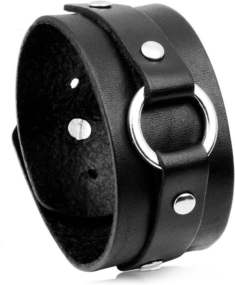 Fusamk Punk Rock Circle Pattern Wristband Wide Leather Cuff Bracelet - Image 1